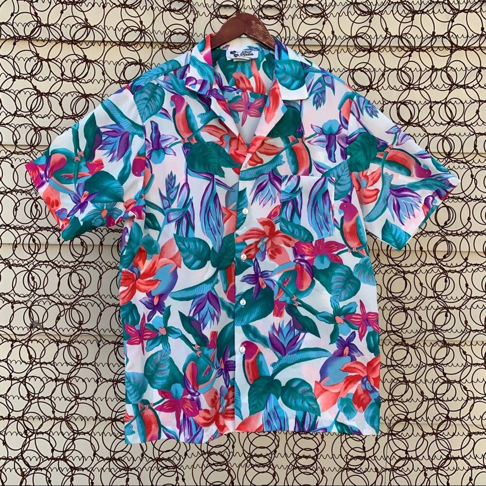 Vintage Hilo Hattie Hawaiian bright tropical button down shirt XL blue teal - Picture 1 of 5